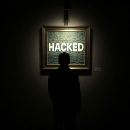 A shadowy male figure standing in a dark art gallery, gazing up at a framed painting mounted on the wall
