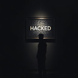 A shadowy male figure standing in a dark art gallery, gazing up at a framed painting mounted on the wall