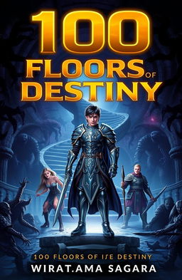 A book cover for '100 Floors of Destiny' by Wiratama Sagara featuring a grand, mysterious dungeon with dim lighting and ominous monster shadows lurking in the corners