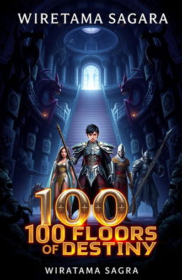 A book cover for '100 Floors of Destiny' by Wiratama Sagara featuring a grand, mysterious dungeon with dim lighting and ominous monster shadows lurking in the corners