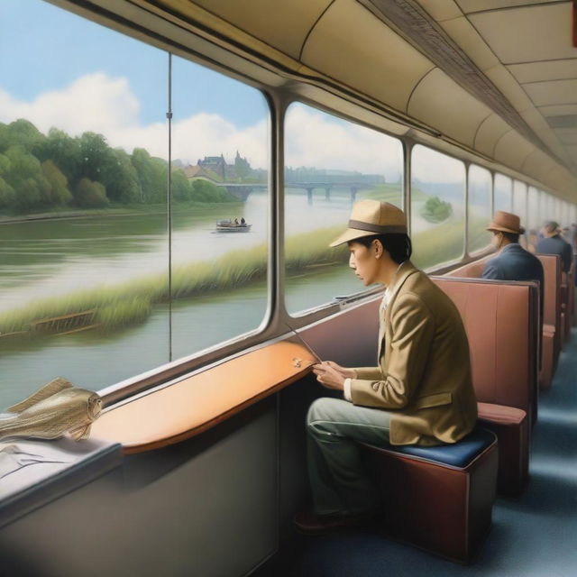 With hyper-realistic detail, a whimsical scene unfolds, where an individual is seen fishing nonchalantly while seated atop a high-speed train, the surroundings blurred due to the fast motion