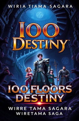 A book cover for '100 Floors of Destiny' by Wiratama Sagara featuring a grand, mysterious dungeon with dim lighting and ominous monster shadows lurking in the corners