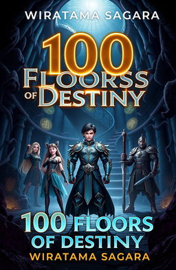 A book cover for '100 Floors of Destiny' by Wiratama Sagara featuring a grand, mysterious dungeon with dim lighting and ominous monster shadows lurking in the corners