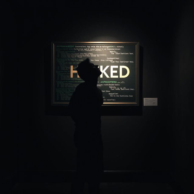 A shadowy, muscular male figure standing in a dark art gallery, looking up intently at a framed painting mounted on the wall