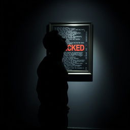 A shadowy, muscular male figure standing in a dark art gallery, looking up intently at a framed painting mounted on the wall