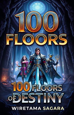 A captivating book cover for '100 Floors of Destiny' by Wiratama Sagara featuring a grand, mysterious dungeon with dim lighting and shadows of lurking monsters in the corners