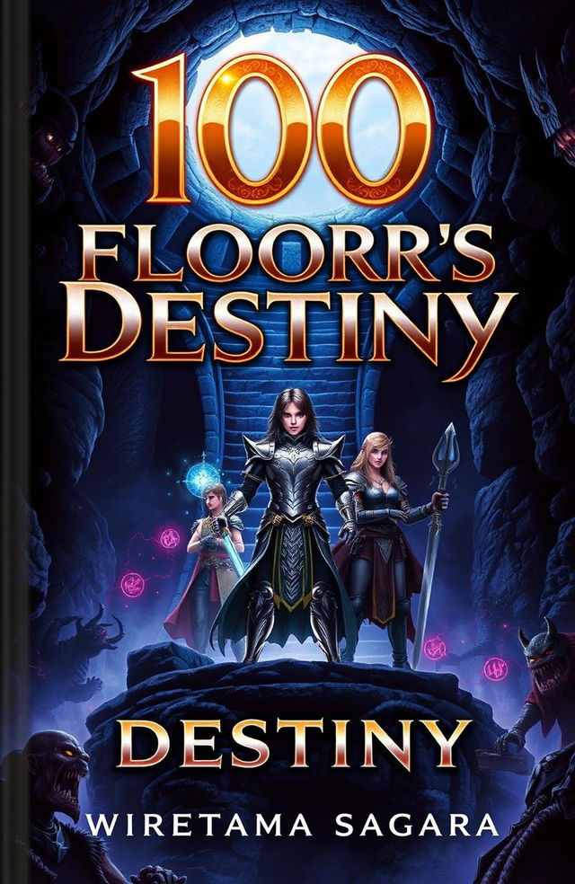 A captivating book cover for '100 Floors of Destiny' by Wiratama Sagara featuring a grand, mysterious dungeon with dim lighting and shadows of lurking monsters in the corners