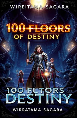A captivating book cover for '100 Floors of Destiny' by Wiratama Sagara featuring a grand, mysterious dungeon with dim lighting and shadows of lurking monsters in the corners