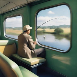 With hyper-realistic detail, a whimsical scene unfolds, where an individual is seen fishing nonchalantly while seated atop a high-speed train, the surroundings blurred due to the fast motion