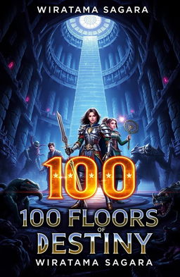 A captivating book cover for '100 Floors of Destiny' by Wiratama Sagara featuring a grand, mysterious dungeon with dim lighting and shadows of lurking monsters in the corners