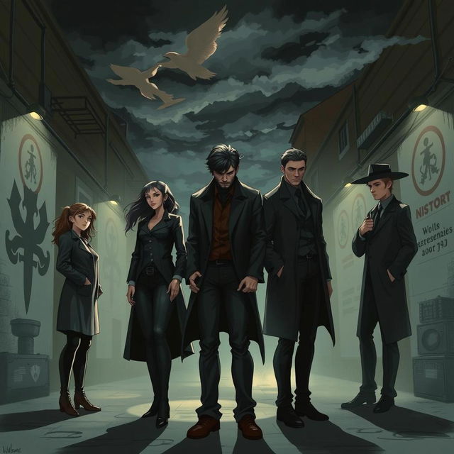 A group of five mysterious individuals standing in a dark alley in London, all dressed in stylish black trench coats