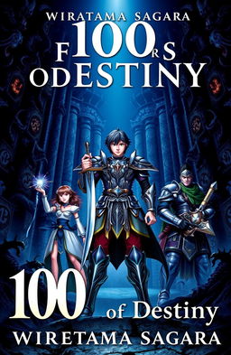 A book cover for '100 Floors of Destiny' by Wiratama Sagara, featuring a grand, mysterious dungeon as the background with dim lighting and shadowy monster figures lurking in the corners