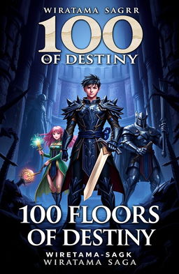 A book cover for '100 Floors of Destiny' by Wiratama Sagara, featuring a grand, mysterious dungeon as the background with dim lighting and shadowy monster figures lurking in the corners