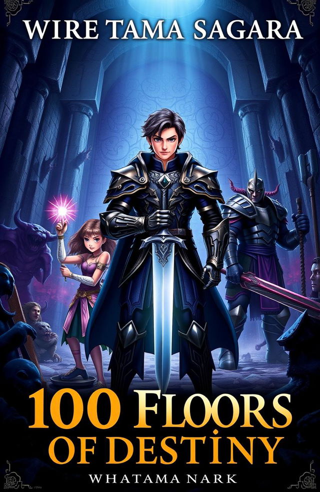 A book cover for '100 Floors of Destiny' by Wiratama Sagara, featuring a grand, mysterious dungeon as the background with dim lighting and shadowy monster figures lurking in the corners