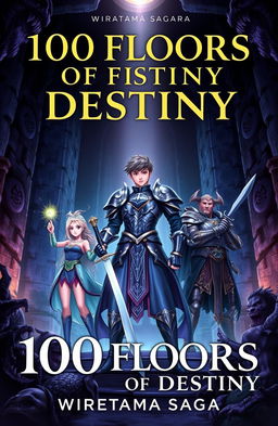 A book cover for '100 Floors of Destiny' by Wiratama Sagara, featuring a grand, mysterious dungeon as the background with dim lighting and shadowy monster figures lurking in the corners