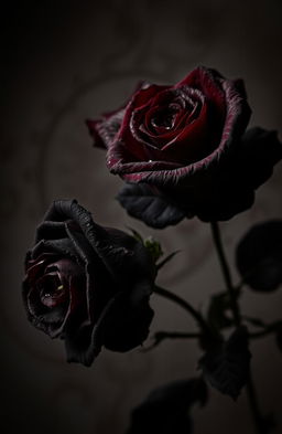 A dark and moody still-life arrangement featuring roses in various stages of decay, exhibiting a contrast between their wilting petals and the underlying beauty of their shapes
