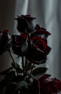 A dark and moody still-life arrangement featuring roses in various stages of decay, exhibiting a contrast between their wilting petals and the underlying beauty of their shapes