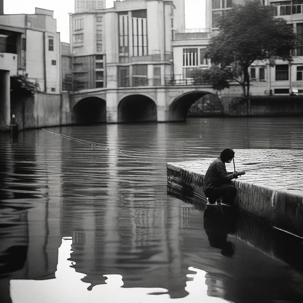 An individual is seen calmly fishing in an unconventional urban setting amidst public activities, bringing a remarkable contrast to the bustling city life