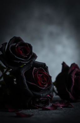 A dark and moody still-life arrangement featuring roses in various stages of decay, exhibiting a contrast between their wilting petals and the underlying beauty of their shapes