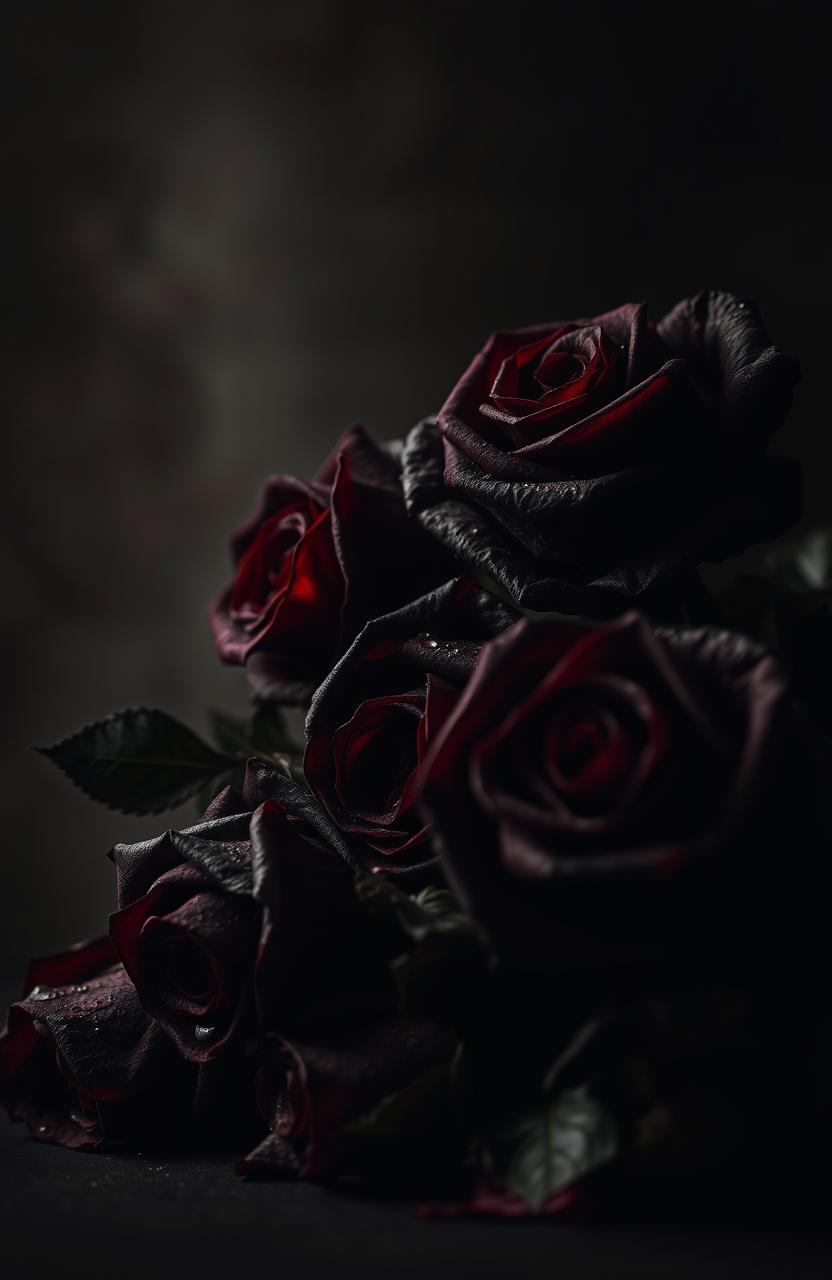 A dark and moody still-life arrangement featuring roses in various stages of decay, exhibiting a contrast between their wilting petals and the underlying beauty of their shapes