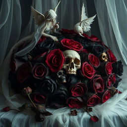 A hauntingly beautiful still-life composition featuring dark and dead roses in various states of decay, predominantly black and dark red, symbolizing a twisted love story