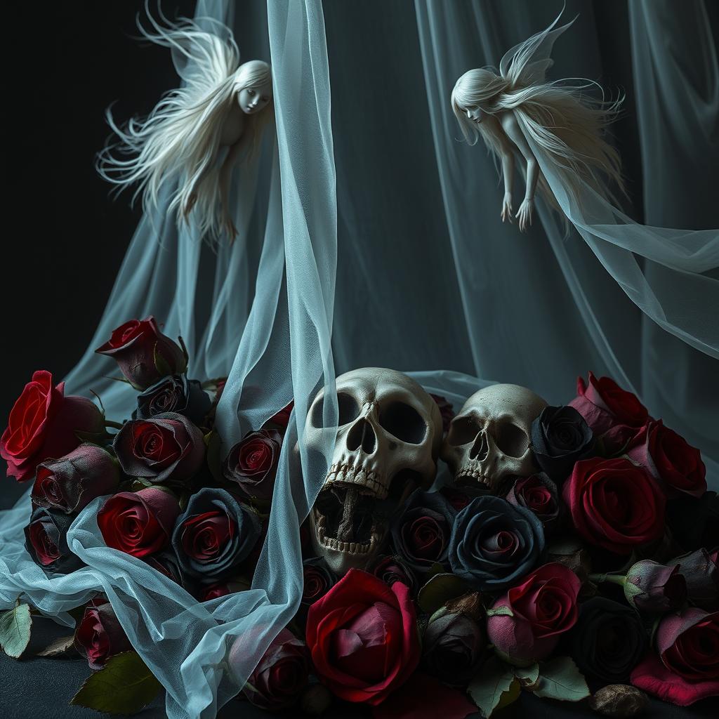 A hauntingly beautiful still-life composition featuring dark and dead roses in various states of decay, predominantly black and dark red, symbolizing a twisted love story