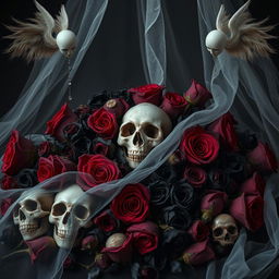 A hauntingly beautiful still-life composition featuring dark and dead roses in various states of decay, predominantly black and dark red, symbolizing a twisted love story