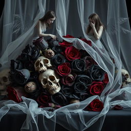 A hauntingly beautiful still-life composition featuring dark and dead roses in various states of decay, predominantly black and dark red, symbolizing a twisted love story