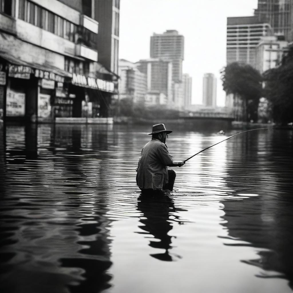 An individual is seen calmly fishing in an unconventional urban setting amidst public activities, bringing a remarkable contrast to the bustling city life