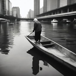 An individual is seen calmly fishing in an unconventional urban setting amidst public activities, bringing a remarkable contrast to the bustling city life