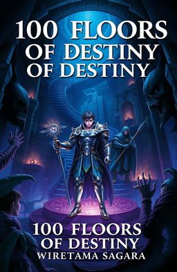 A book cover for '100 Floors of Destiny' by Wiratama Sagara, featuring a grand, mysterious dungeon with dim lighting and ominous monster shadows lurking in the corners