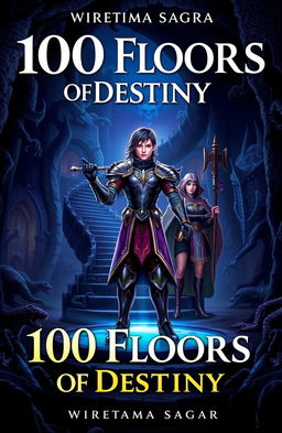 A book cover for '100 Floors of Destiny' by Wiratama Sagara, featuring a grand, mysterious dungeon with dim lighting and ominous monster shadows lurking in the corners
