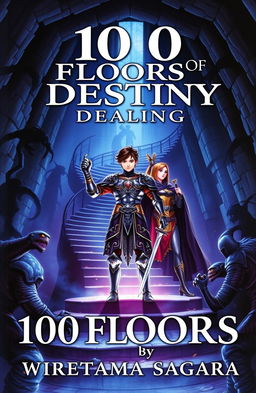 A book cover for '100 Floors of Destiny' by Wiratama Sagara, featuring a grand, mysterious dungeon with dim lighting and ominous monster shadows lurking in the corners