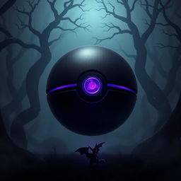 A dark and mysterious Pokeball, intricately designed with a matte black finish and glowing purple accents