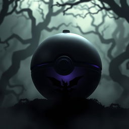 A dark and mysterious Pokeball, intricately designed with a matte black finish and glowing purple accents