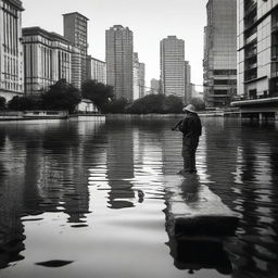 An individual is seen calmly fishing in an unconventional urban setting amidst public activities, bringing a remarkable contrast to the bustling city life