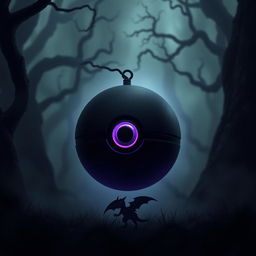 A dark and mysterious Pokeball, intricately designed with a matte black finish and glowing purple accents