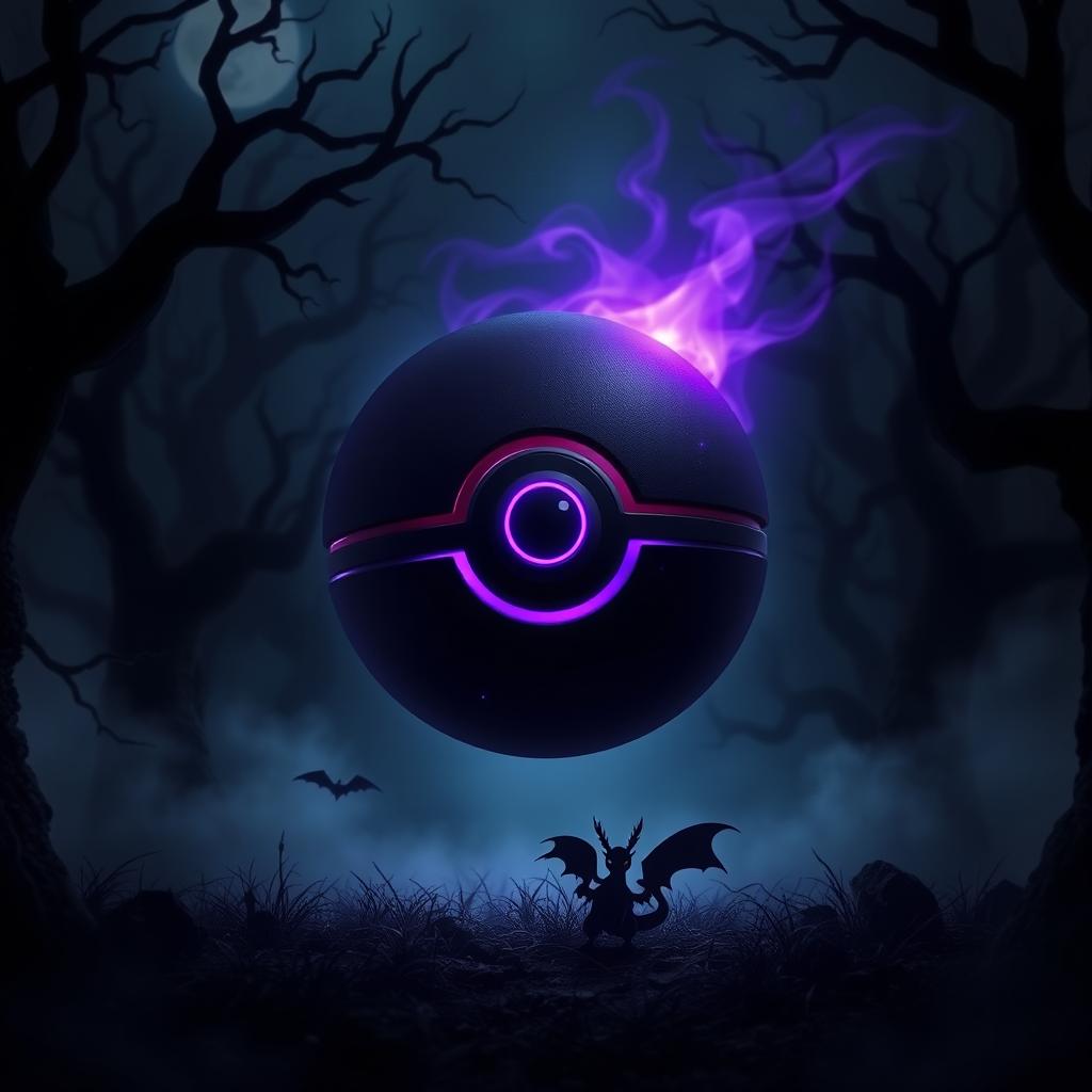 A dark and mysterious Pokeball, intricately designed with a matte black finish and glowing purple accents