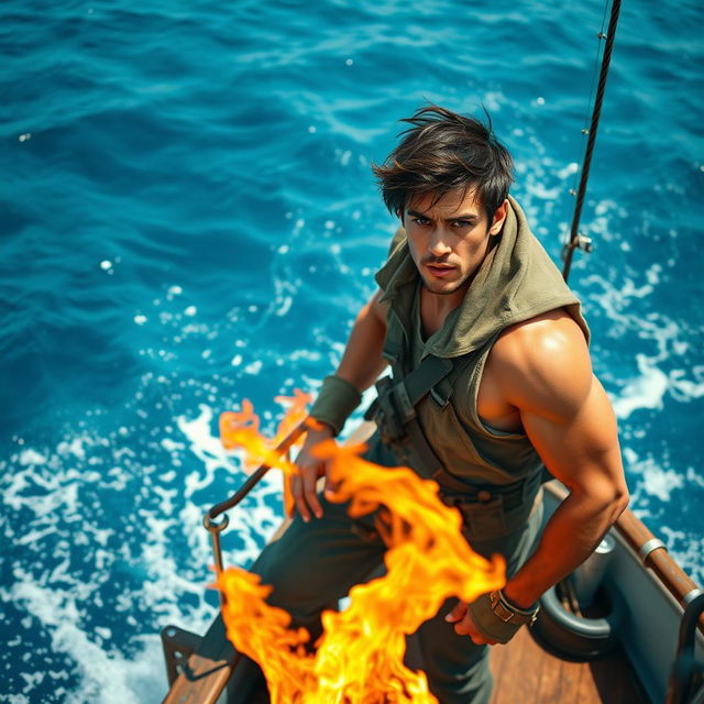 A strong young man confidently standing on the deck of a fishing ship, with a fierce determination in his eyes