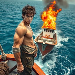 A strong young man confidently standing on the deck of a fishing ship, with a fierce determination in his eyes