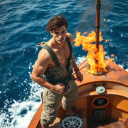 A strong young man confidently standing on the deck of a fishing ship, with a fierce determination in his eyes