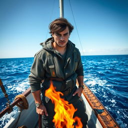 A strong young man confidently standing on the deck of a fishing ship, with a fierce determination in his eyes