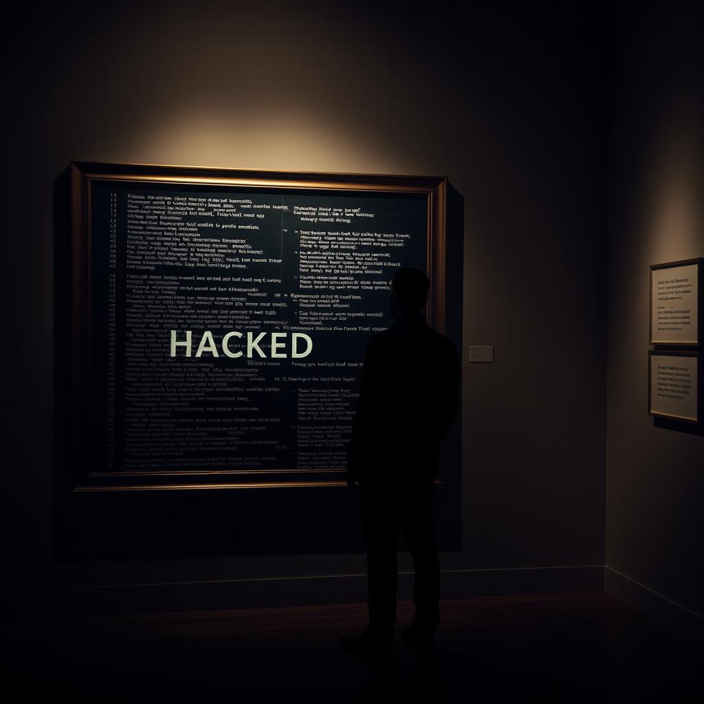 A shadowy male figure stands in a dimly lit art gallery, gazing intently at a large, framed painting