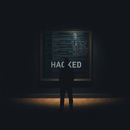 A shadowy male figure stands in a dimly lit art gallery, gazing intently at a large, framed painting