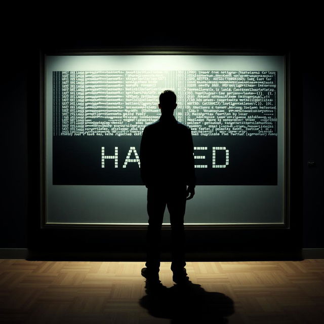 A shadowy male figure stands in a dimly lit art gallery, gazing intently at a large, framed painting