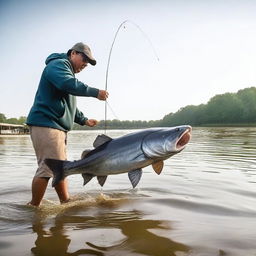 A person is seen excitedly reeling in a massive catch - a catfish as big as a bus, startling onlookers with its enormous size and power