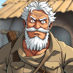 An older male character in the One Piece art style, aged 66+, large and muscular, with an imposing presence