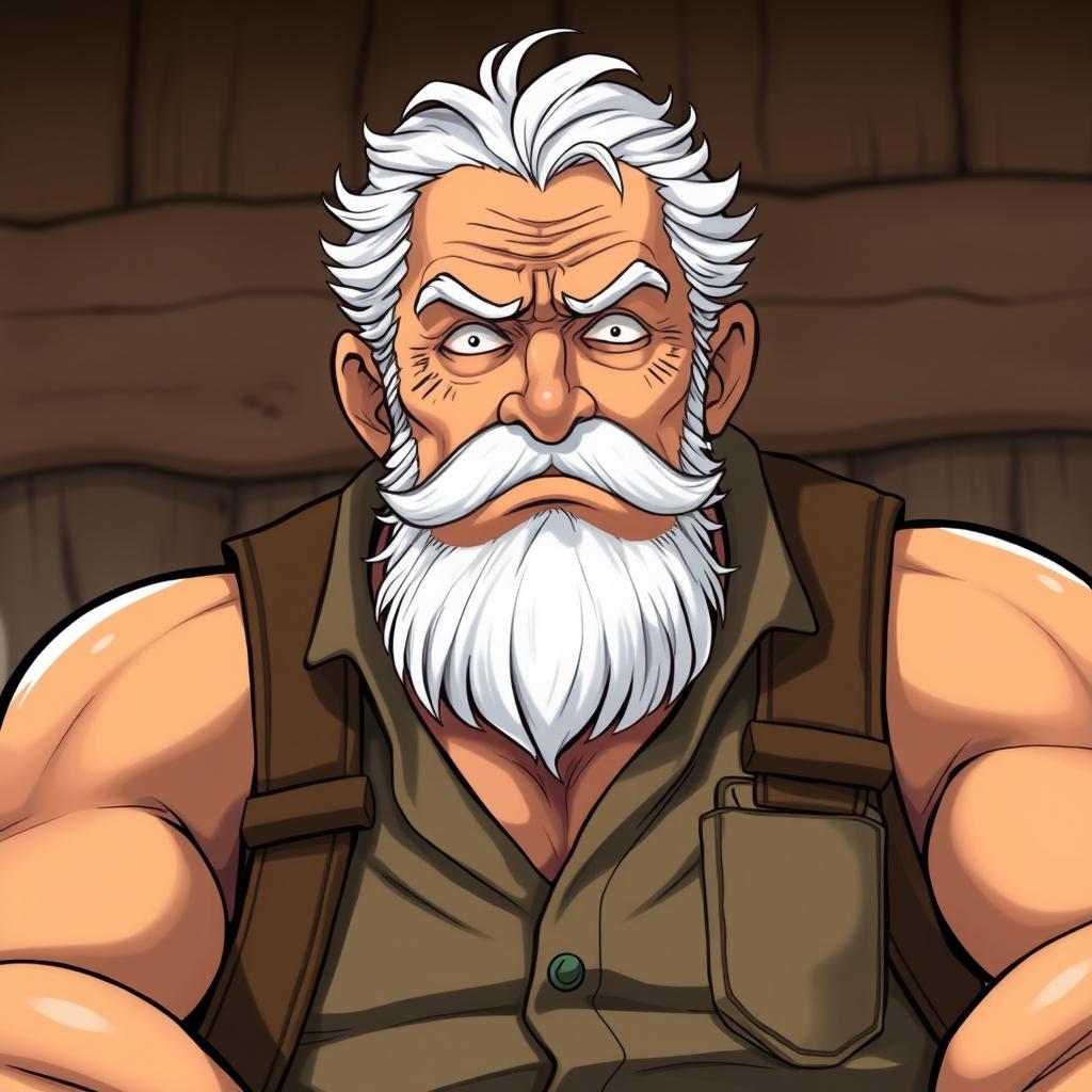 An older male character in the One Piece art style, aged 66+, large and muscular, with an imposing presence