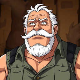 An older male character in the One Piece art style, aged 66+, large and muscular, with an imposing presence