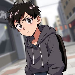 An anime-style illustration of a male teenager with dark hair, exhibiting a concerned expression